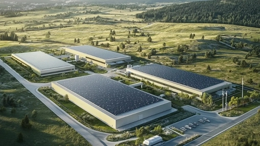 Aerial view of a data centre complex with large solar panel arrays on building rooftops in a rural setting