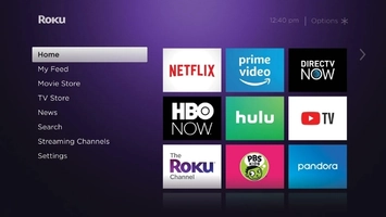 Roku streaming device home screen with navigation menu and streaming app tiles on a dark purple interface
